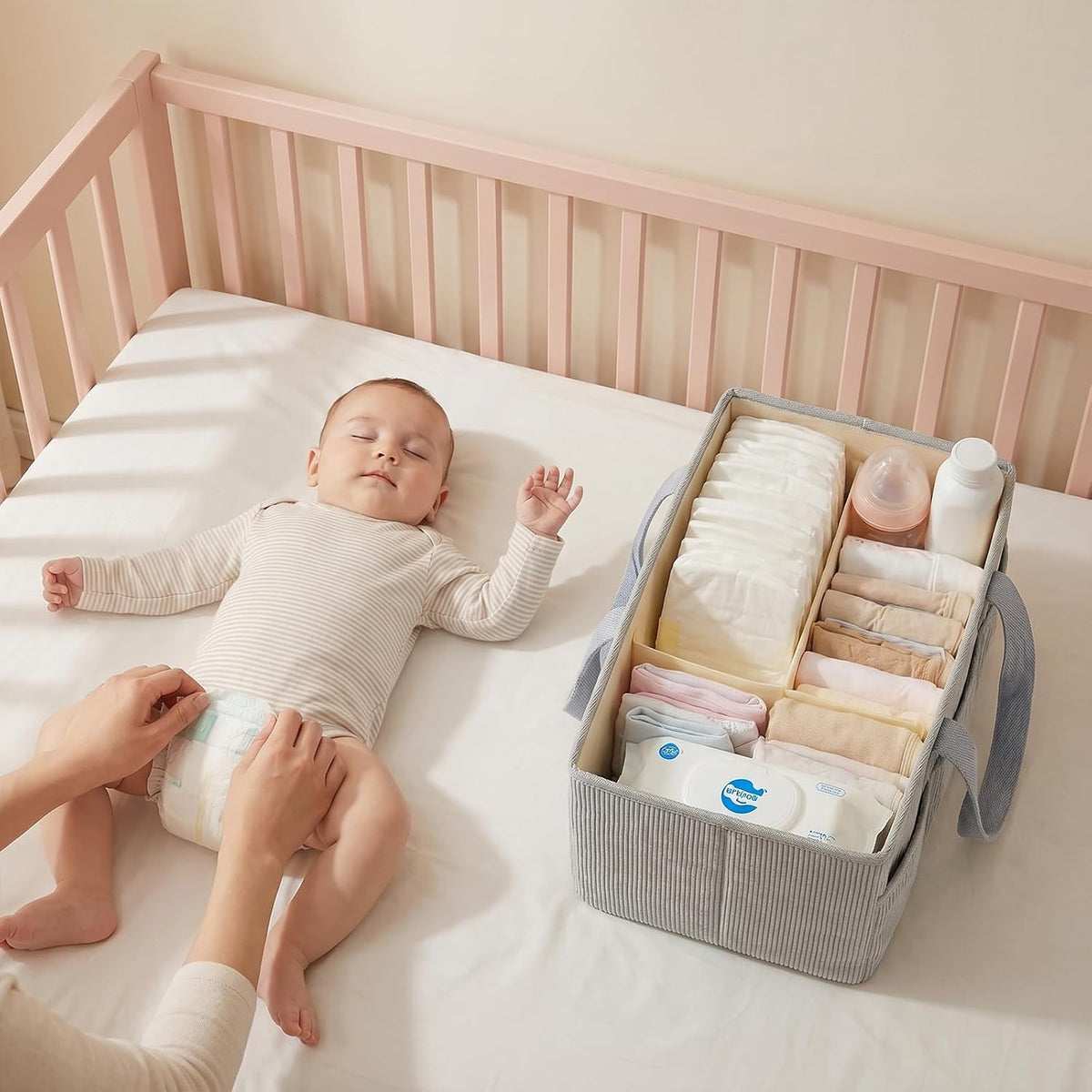 Corduroy Baby Diaper Caddy Organizer with Lid, Gift Basket for Baby Shower