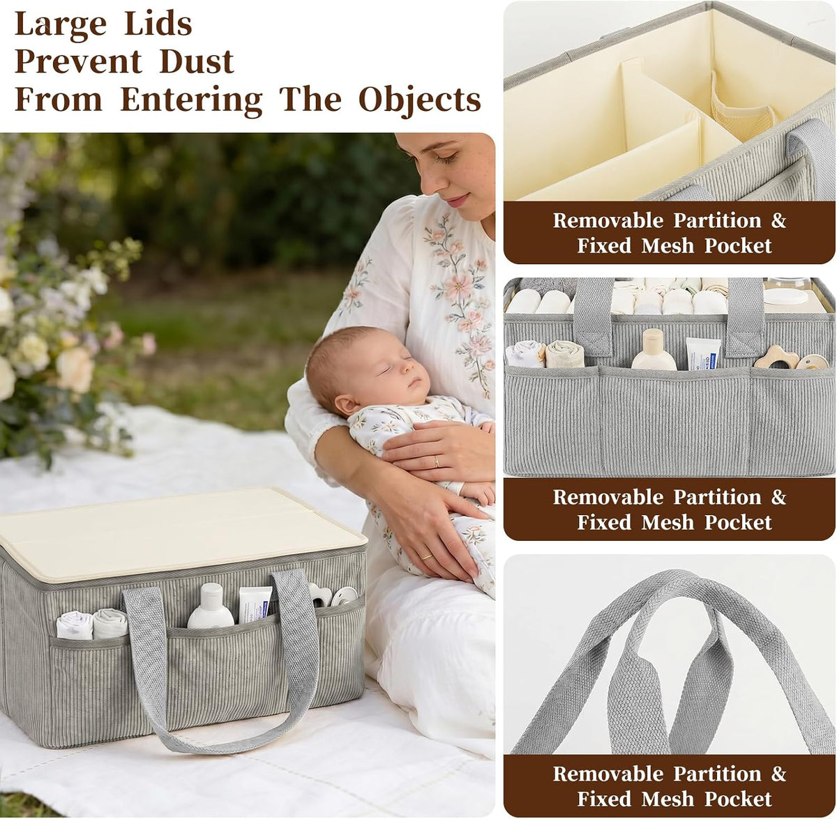 Corduroy Baby Diaper Caddy Organizer with Lid, Gift Basket for Baby Shower