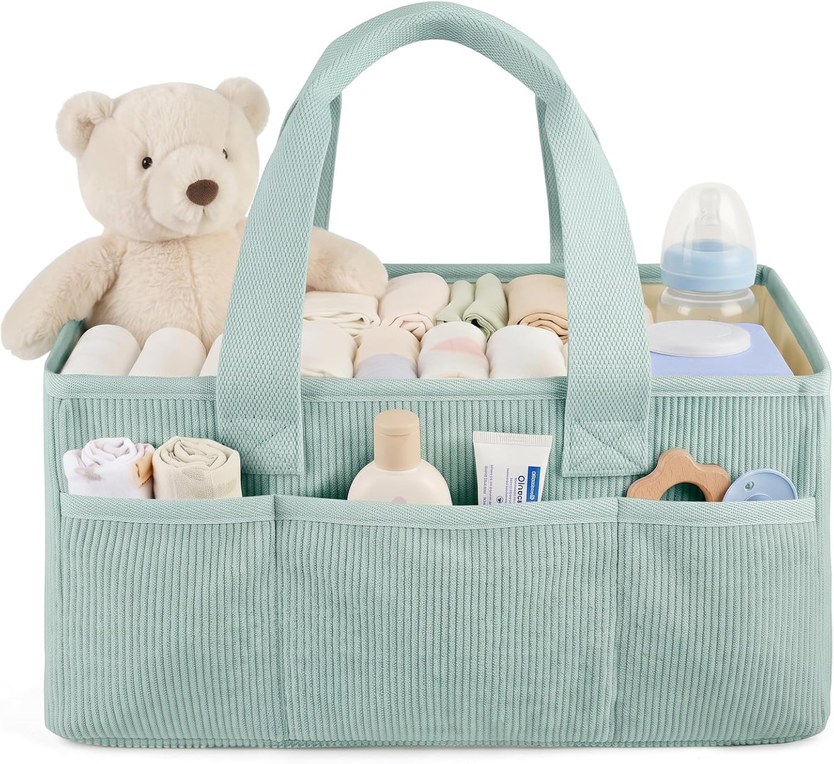 Corduroy Baby Diaper Caddy Organizer with Lid, Gift Basket for Baby Shower