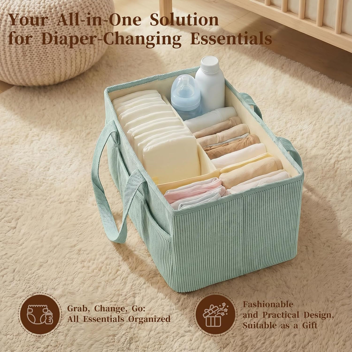 Corduroy Baby Diaper Caddy Organizer with Lid, Gift Basket for Baby Shower