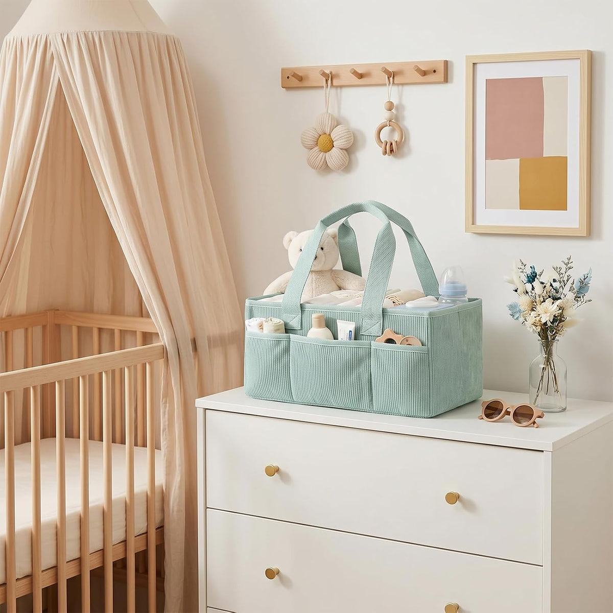 Corduroy Baby Diaper Caddy Organizer with Lid, Gift Basket for Baby Shower