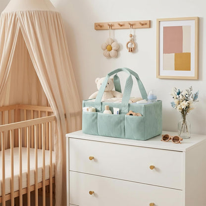 Corduroy Baby Diaper Caddy Organizer with Lid, Gift Basket for Baby Shower