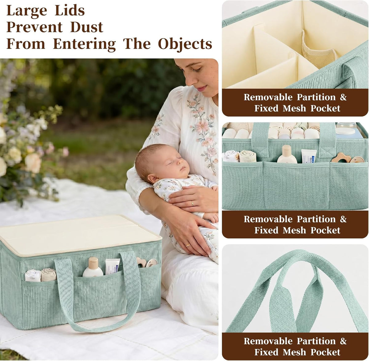 Corduroy Baby Diaper Caddy Organizer with Lid, Gift Basket for Baby Shower