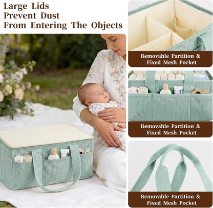Corduroy Baby Diaper Caddy Organizer with Lid, Gift Basket for Baby Shower