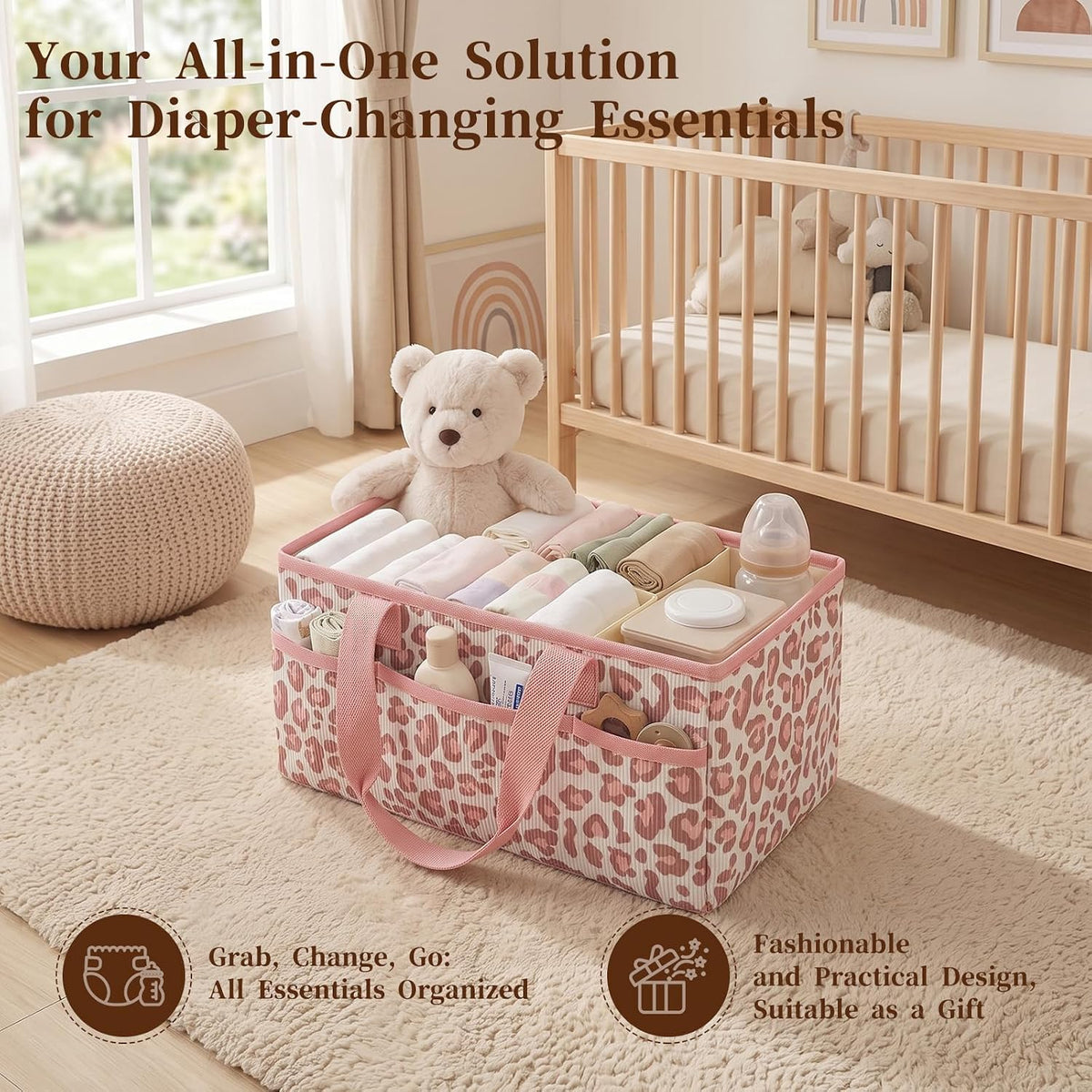 Corduroy Baby Diaper Caddy Organizer with Lid, Gift Basket for Baby Shower