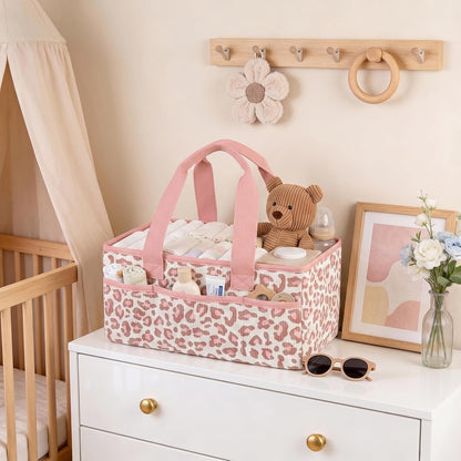 Corduroy Baby Diaper Caddy Organizer with Lid, Gift Basket for Baby Shower