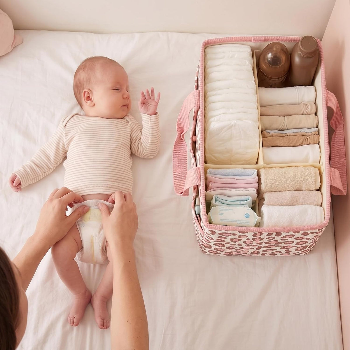 Corduroy Baby Diaper Caddy Organizer with Lid, Gift Basket for Baby Shower