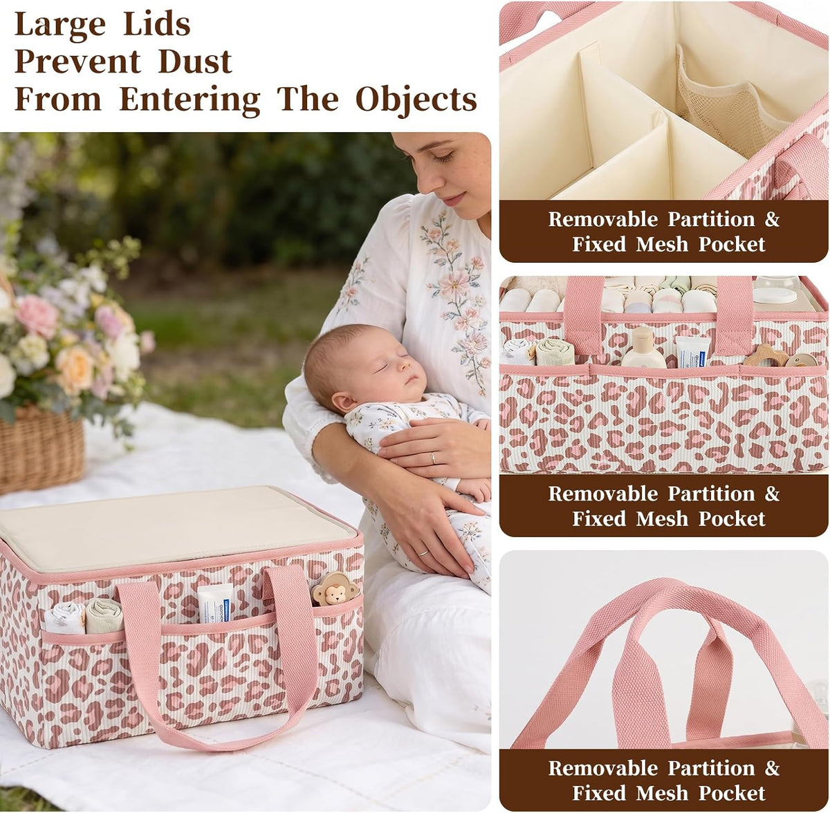 Corduroy Baby Diaper Caddy Organizer with Lid, Gift Basket for Baby Shower