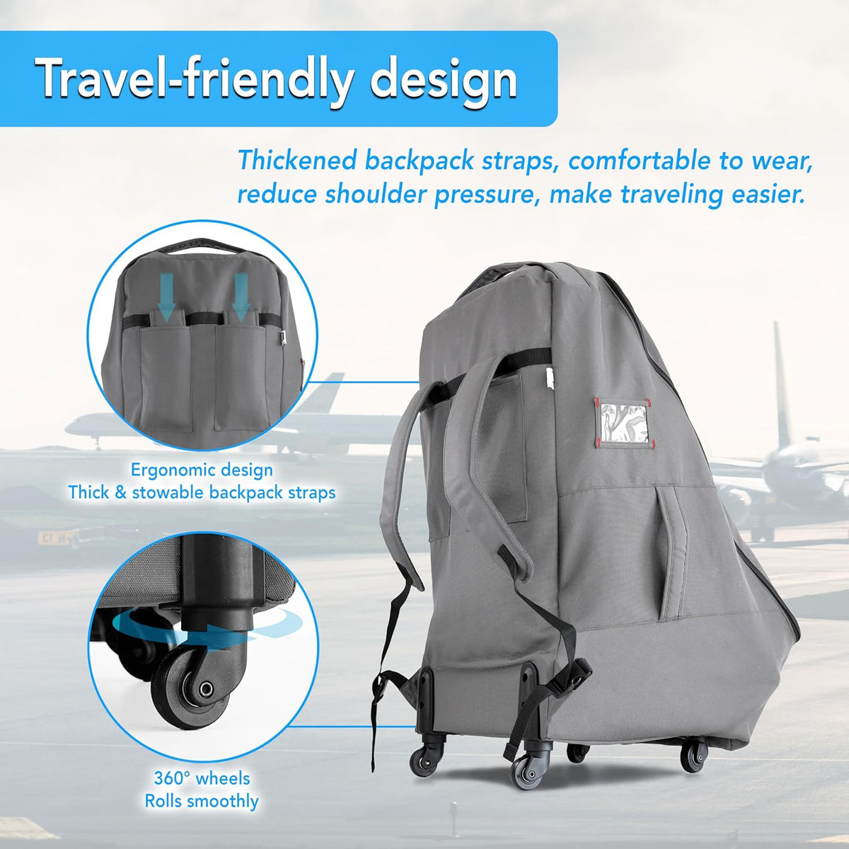 Car Seat Travel Bag With Wheels - Padded Airplane Bag - Grey