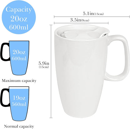Ceramic Coffee Mug with Slide Lid, 20oz Extra Large Travel Coffee Cup with Handle, Reusable Tall Coffee Mugs Large Capacity Drinking Teacups, Dishwasher Safe, White