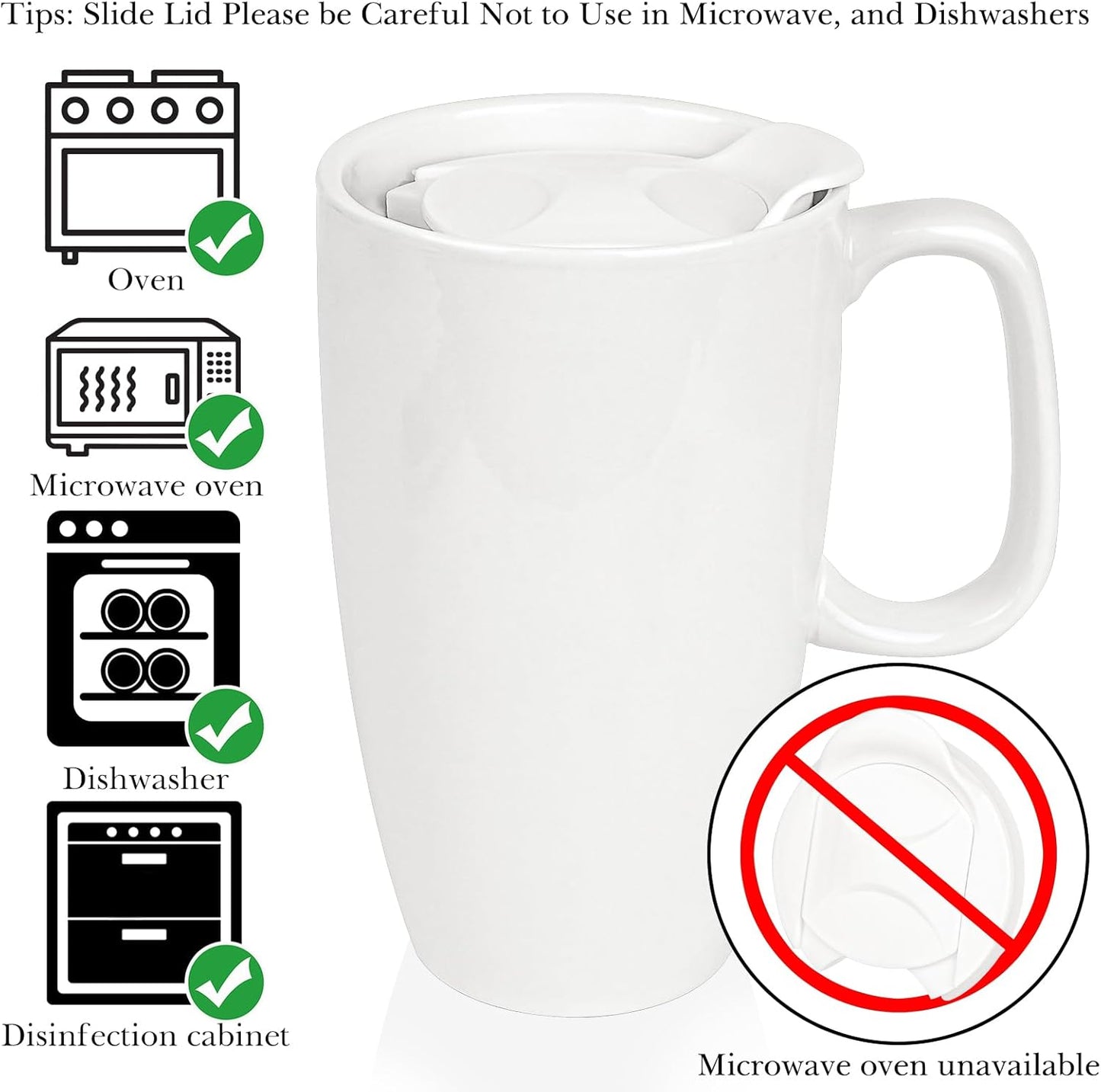 Ceramic Coffee Mug with Slide Lid, 20oz Extra Large Travel Coffee Cup with Handle, Reusable Tall Coffee Mugs Large Capacity Drinking Teacups, Dishwasher Safe, White