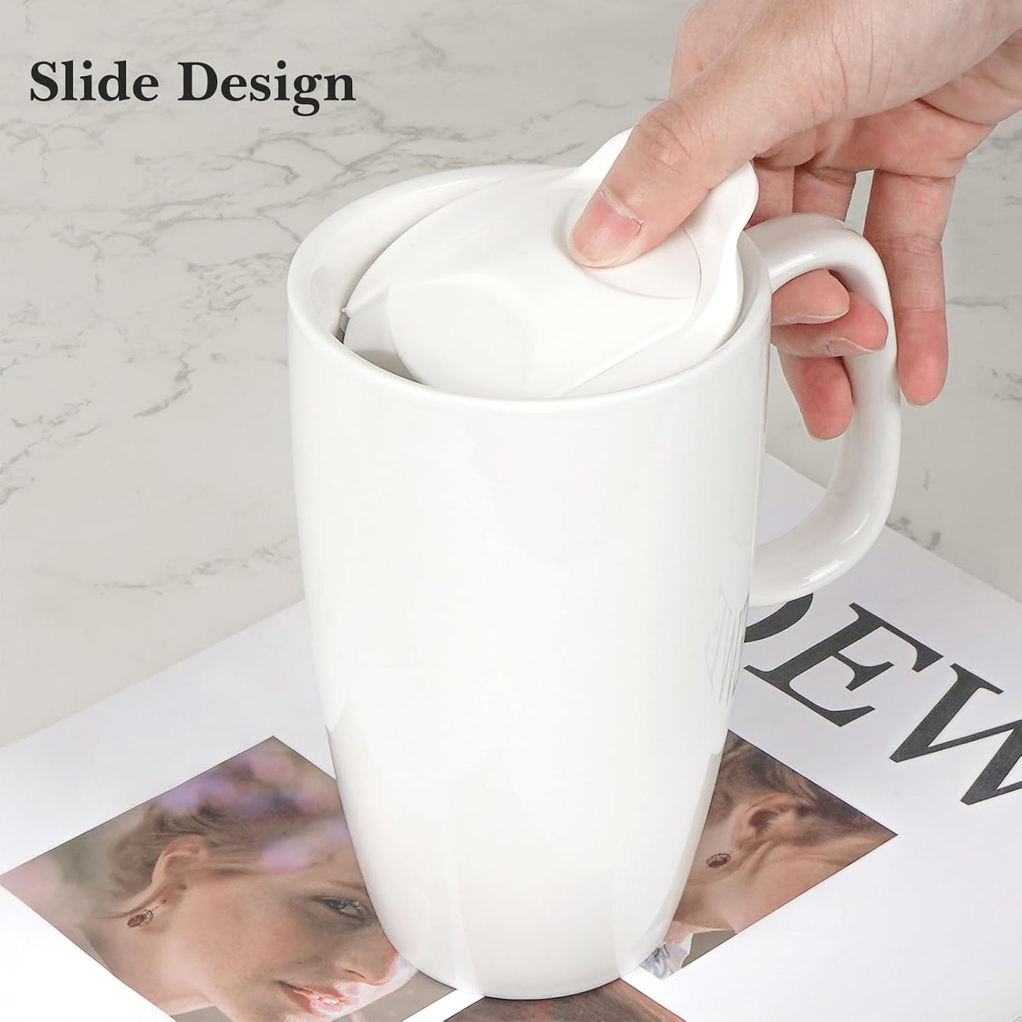Ceramic Coffee Mug with Slide Lid, 20oz Extra Large Travel Coffee Cup with Handle, Reusable Tall Coffee Mugs Large Capacity Drinking Teacups, Dishwasher Safe, White