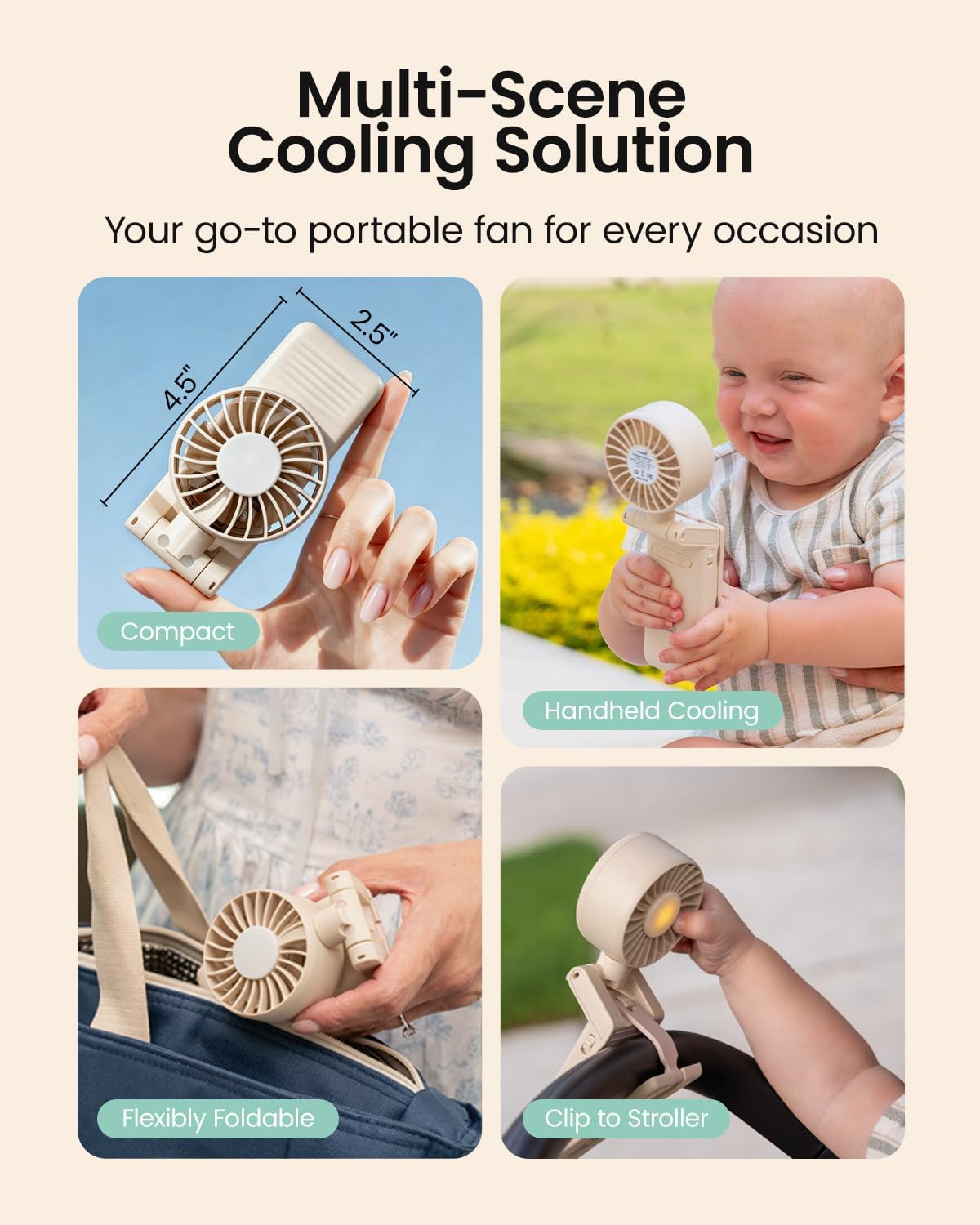 4-in-1 Portable Baby Stroller Fan with Clip & Night Light, Black