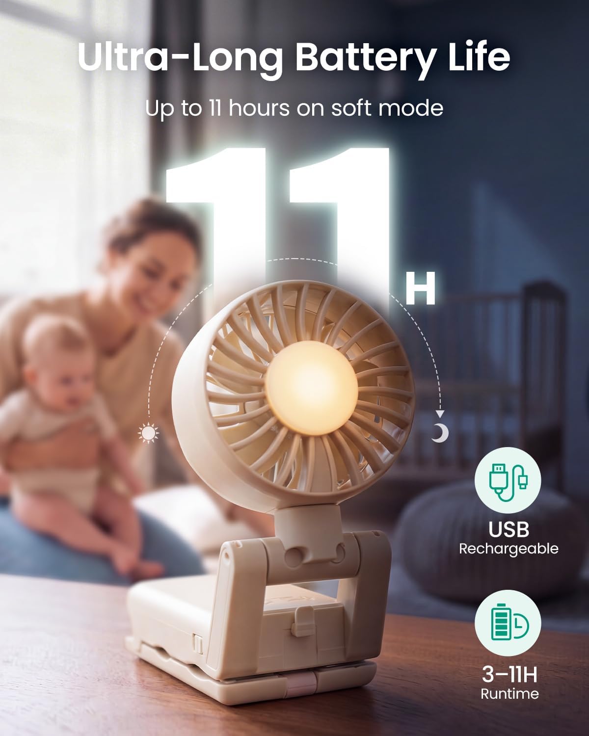 4-in-1 Portable Baby Stroller Fan with Clip & Night Light, Black