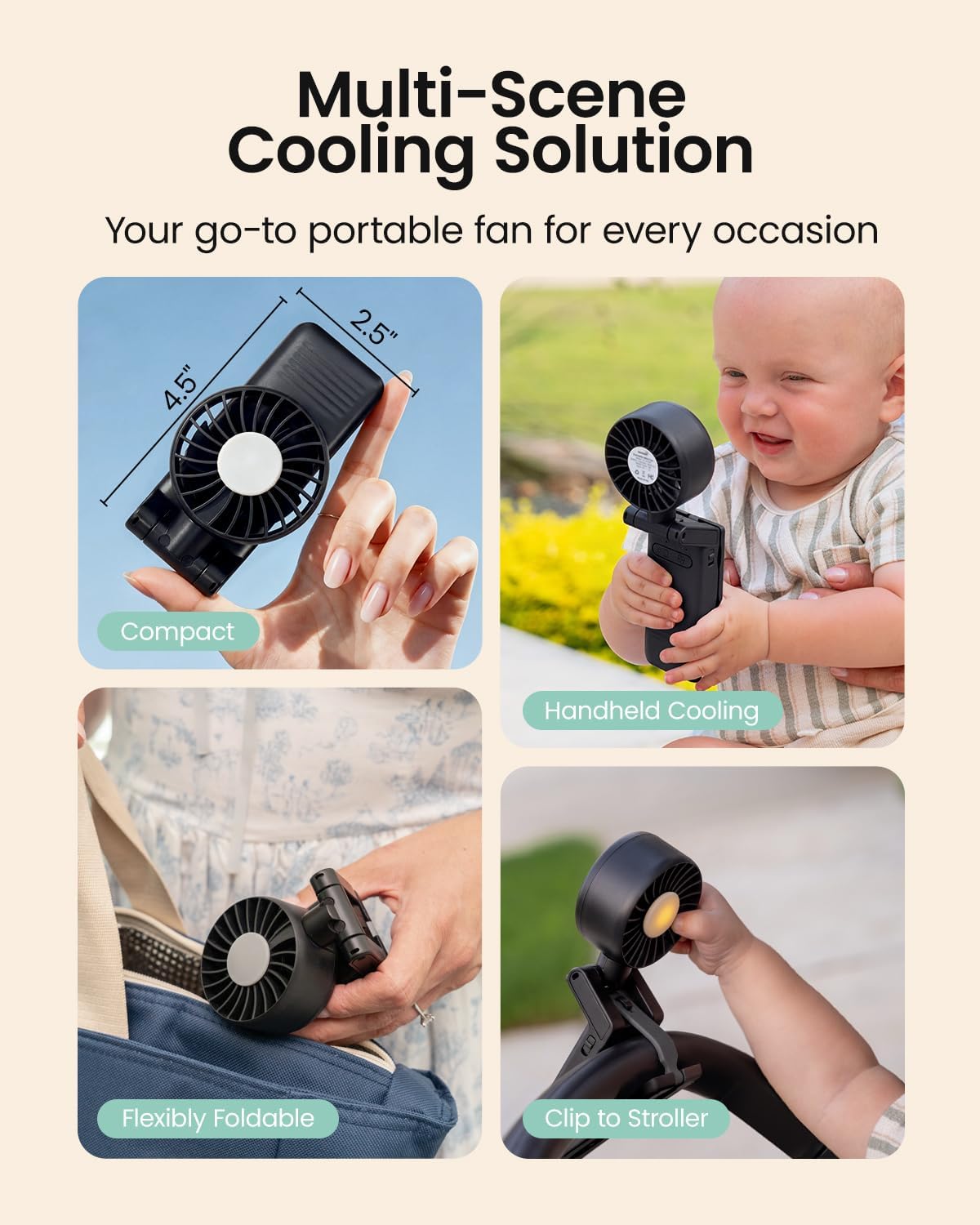 4-in-1 Portable Baby Stroller Fan with Clip & Night Light, Black