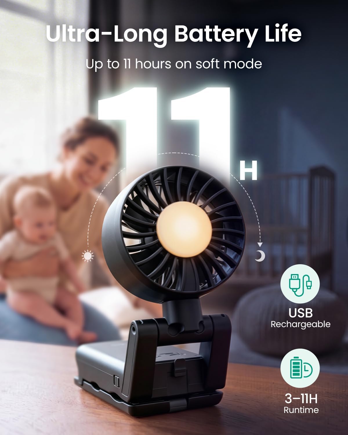 4-in-1 Portable Baby Stroller Fan with Clip & Night Light, Black