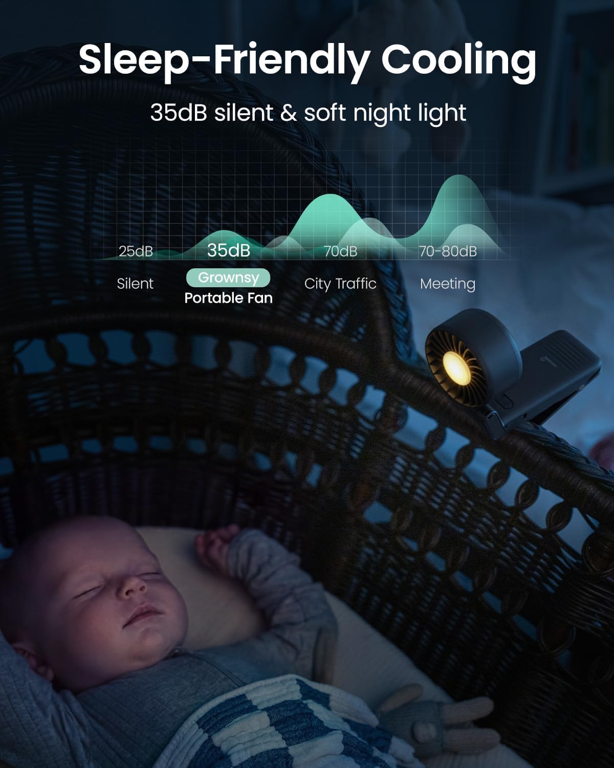 4-in-1 Portable Baby Stroller Fan with Clip & Night Light, Black