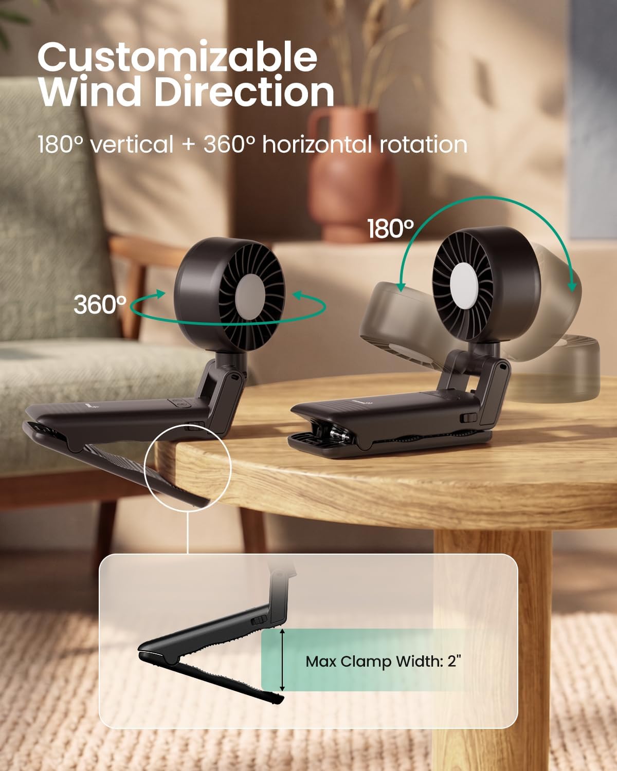 4-in-1 Portable Baby Stroller Fan with Clip & Night Light, Black