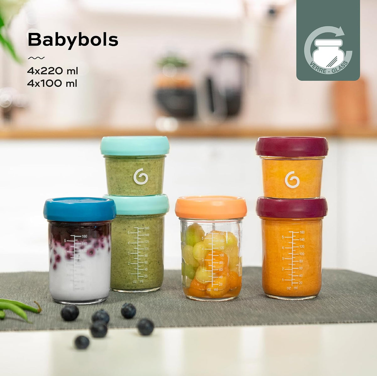 Baby Glass Food Jars, Set of 8 (4 x 4oz + 4 x 8oz), BPA-Free Borosilicate Glass Storage Containers, Leakproof Lids, Microwave, Freezer & Dishwasher Safe, Baby Registry Essential