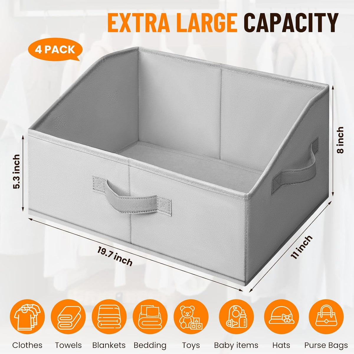 Closet Organizers Bins - Large Closet Shelf Organizer with Handles - Fabric Trapezoid Home Organization and Storage Baskets for Organizing Clothes Toy Blanket Towel Purse Hats