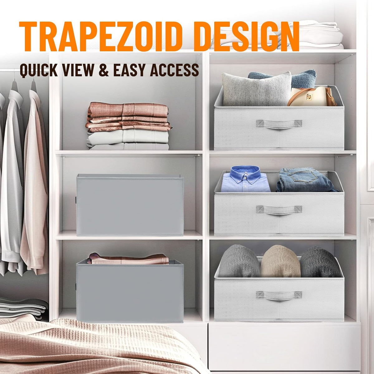 Closet Organizers Bins - Large Closet Shelf Organizer with Handles - Fabric Trapezoid Home Organization and Storage Baskets for Organizing Clothes Toy Blanket Towel Purse Hats