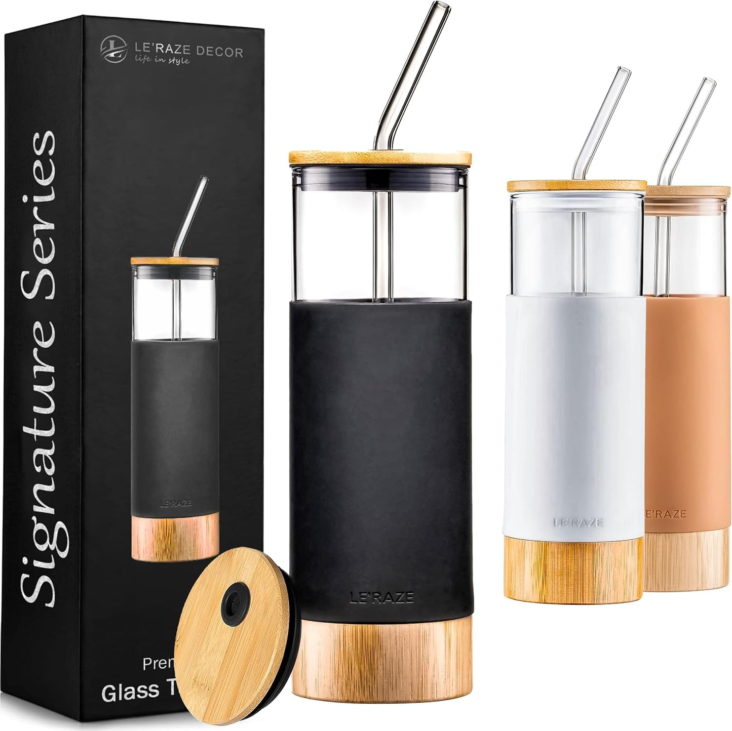 Premium 20oz Glass Tumbler Cup Straw Bamboo Lid Base Protective Silicone Sleeve BPA Free Growler Water Bottle Reusable Drinking Glasses Cup for Iced Tea Coffee Smoothie Black