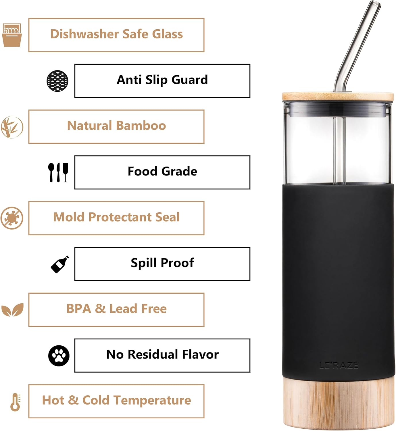 Premium 20oz Glass Tumbler Cup Straw Bamboo Lid Base Protective Silicone Sleeve BPA Free Growler Water Bottle Reusable Drinking Glasses Cup for Iced Tea Coffee Smoothie Black