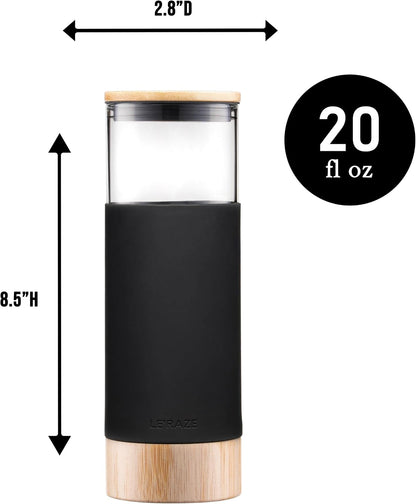 Premium 20oz Glass Tumbler Cup Straw Bamboo Lid Base Protective Silicone Sleeve BPA Free Growler Water Bottle Reusable Drinking Glasses Cup for Iced Tea Coffee Smoothie Black