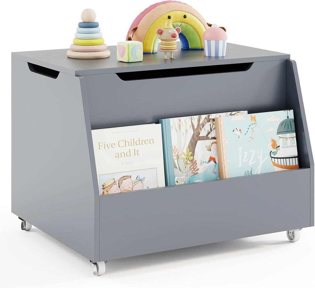 Kids Toy Box, Wooden Mobile Toy Storage Organizer with Bookshelf & Lockable Wheels for Girls Boys, Toy Storage Chest Bench for Toddler Room, Playroom, Bedroom, Living Room, Nursery