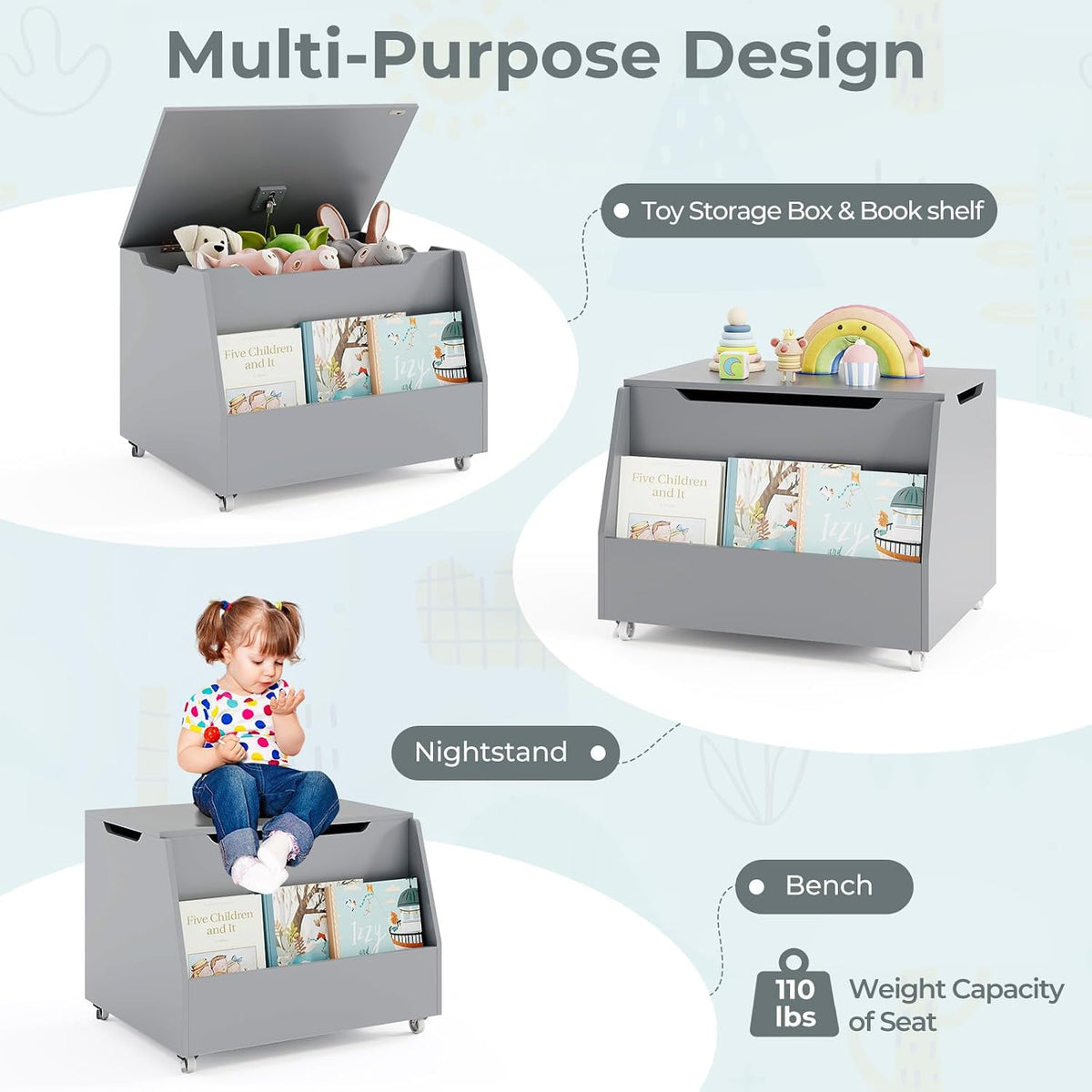 Kids Toy Box, Wooden Mobile Toy Storage Organizer with Bookshelf & Lockable Wheels for Girls Boys, Toy Storage Chest Bench for Toddler Room, Playroom, Bedroom, Living Room, Nursery