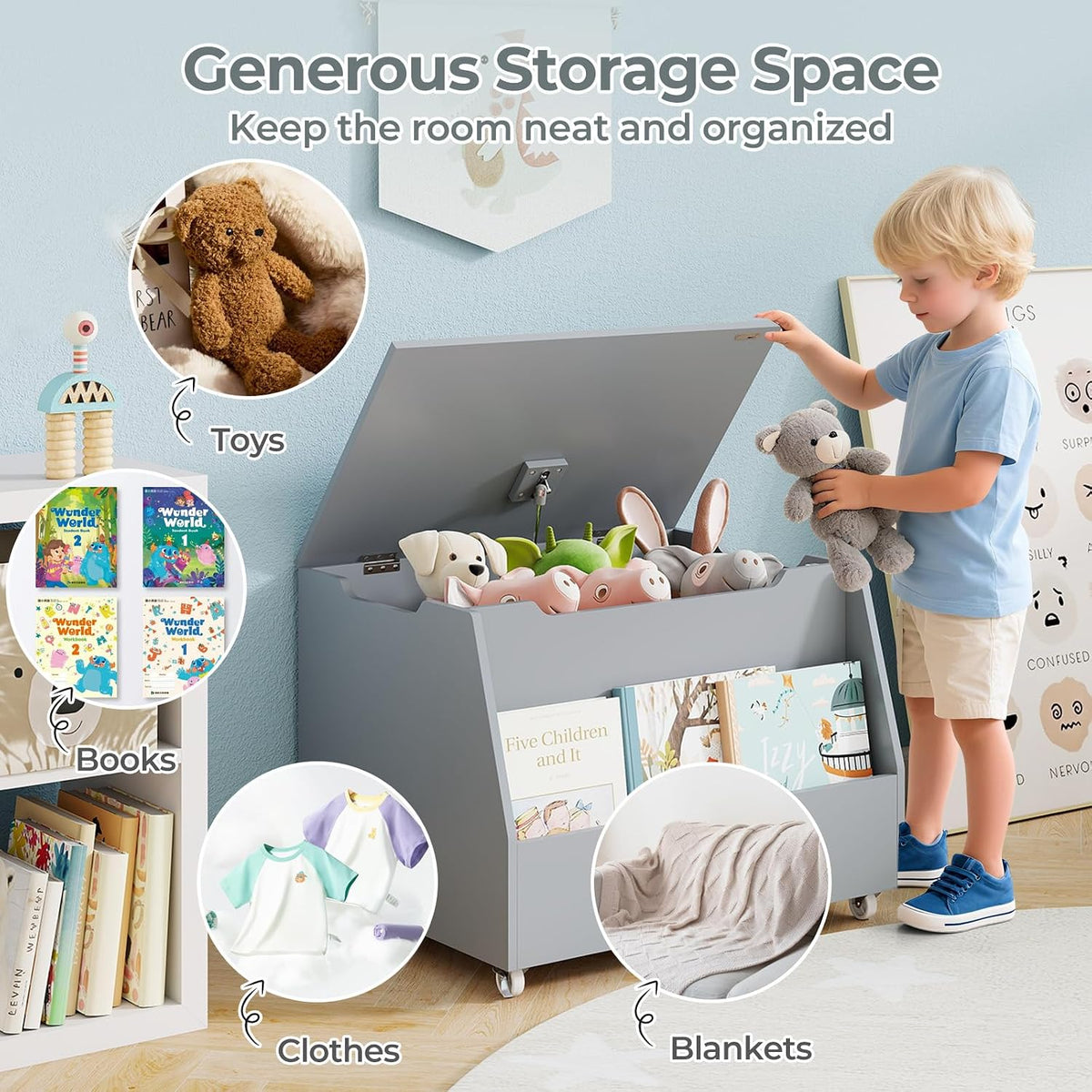 Kids Toy Box, Wooden Mobile Toy Storage Organizer with Bookshelf & Lockable Wheels for Girls Boys, Toy Storage Chest Bench for Toddler Room, Playroom, Bedroom, Living Room, Nursery