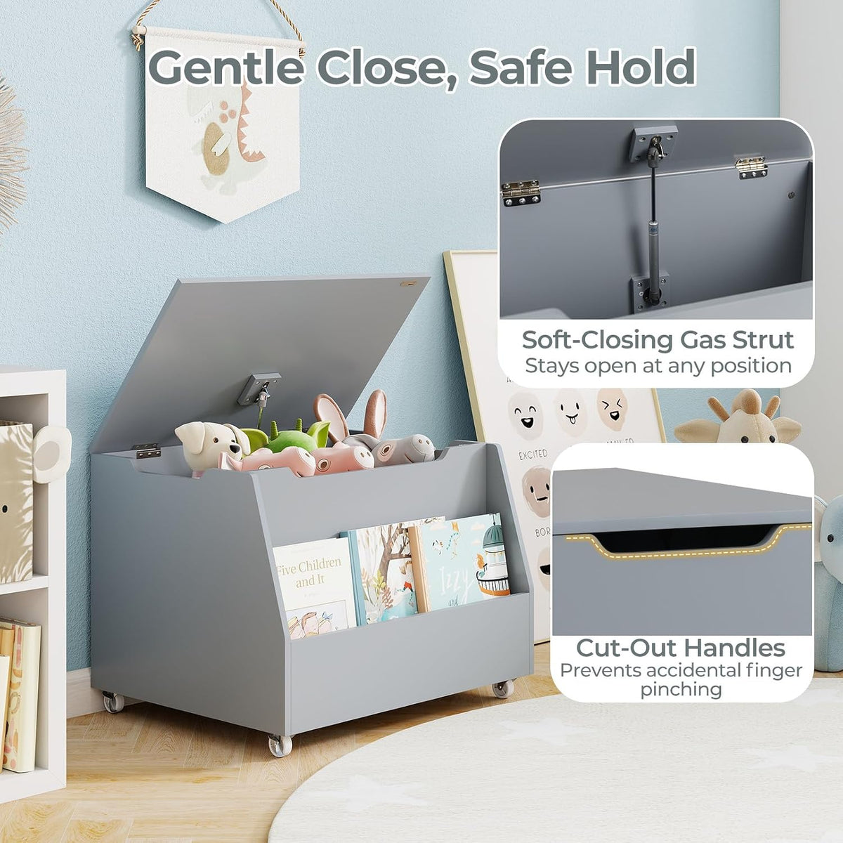 Kids Toy Box, Wooden Mobile Toy Storage Organizer with Bookshelf & Lockable Wheels for Girls Boys, Toy Storage Chest Bench for Toddler Room, Playroom, Bedroom, Living Room, Nursery