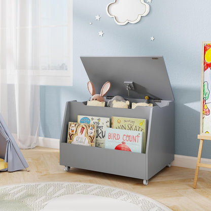 Kids Toy Box, Wooden Mobile Toy Storage Organizer with Bookshelf & Lockable Wheels for Girls Boys, Toy Storage Chest Bench for Toddler Room, Playroom, Bedroom, Living Room, Nursery