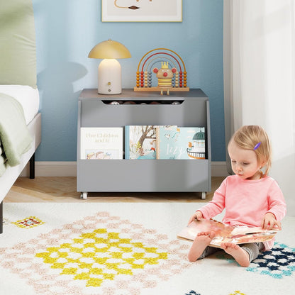 Kids Toy Box, Wooden Mobile Toy Storage Organizer with Bookshelf & Lockable Wheels for Girls Boys, Toy Storage Chest Bench for Toddler Room, Playroom, Bedroom, Living Room, Nursery