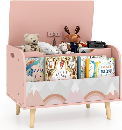 Kids Toy Box, Wooden Mobile Toy Storage Organizer with Bookshelf & Lockable Wheels for Girls Boys, Toy Storage Chest Bench for Toddler Room, Playroom, Bedroom, Living Room, Nursery