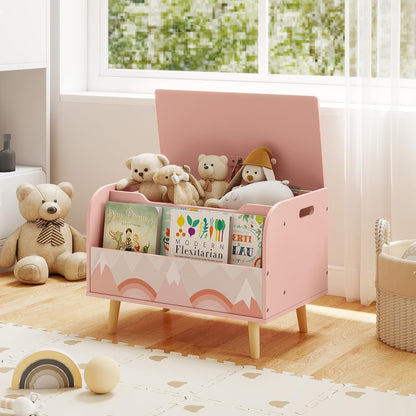 Kids Toy Box, Wooden Mobile Toy Storage Organizer with Bookshelf & Lockable Wheels for Girls Boys, Toy Storage Chest Bench for Toddler Room, Playroom, Bedroom, Living Room, Nursery