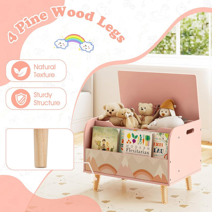 Kids Toy Box, Wooden Mobile Toy Storage Organizer with Bookshelf & Lockable Wheels for Girls Boys, Toy Storage Chest Bench for Toddler Room, Playroom, Bedroom, Living Room, Nursery
