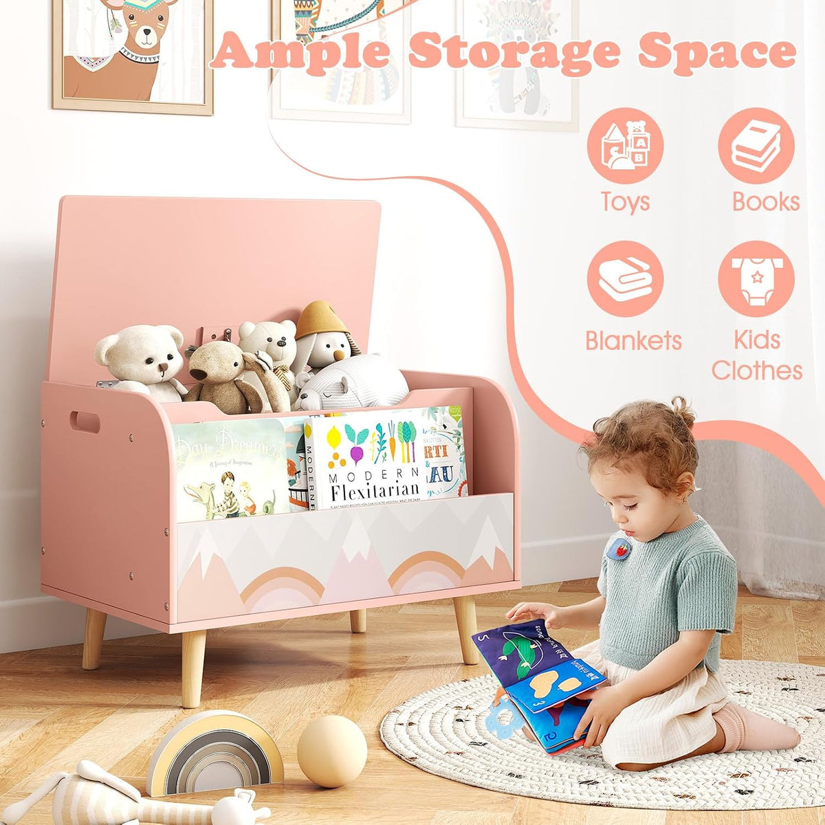 Kids Toy Box, Wooden Mobile Toy Storage Organizer with Bookshelf & Lockable Wheels for Girls Boys, Toy Storage Chest Bench for Toddler Room, Playroom, Bedroom, Living Room, Nursery