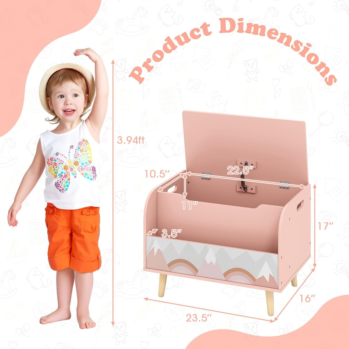 Kids Toy Box, Wooden Mobile Toy Storage Organizer with Bookshelf & Lockable Wheels for Girls Boys, Toy Storage Chest Bench for Toddler Room, Playroom, Bedroom, Living Room, Nursery