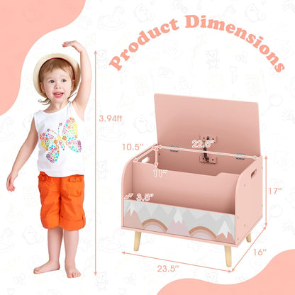 Kids Toy Box, Wooden Mobile Toy Storage Organizer with Bookshelf & Lockable Wheels for Girls Boys, Toy Storage Chest Bench for Toddler Room, Playroom, Bedroom, Living Room, Nursery