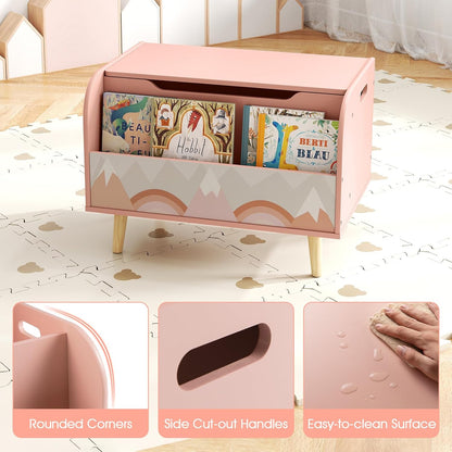 Kids Toy Box, Wooden Mobile Toy Storage Organizer with Bookshelf & Lockable Wheels for Girls Boys, Toy Storage Chest Bench for Toddler Room, Playroom, Bedroom, Living Room, Nursery