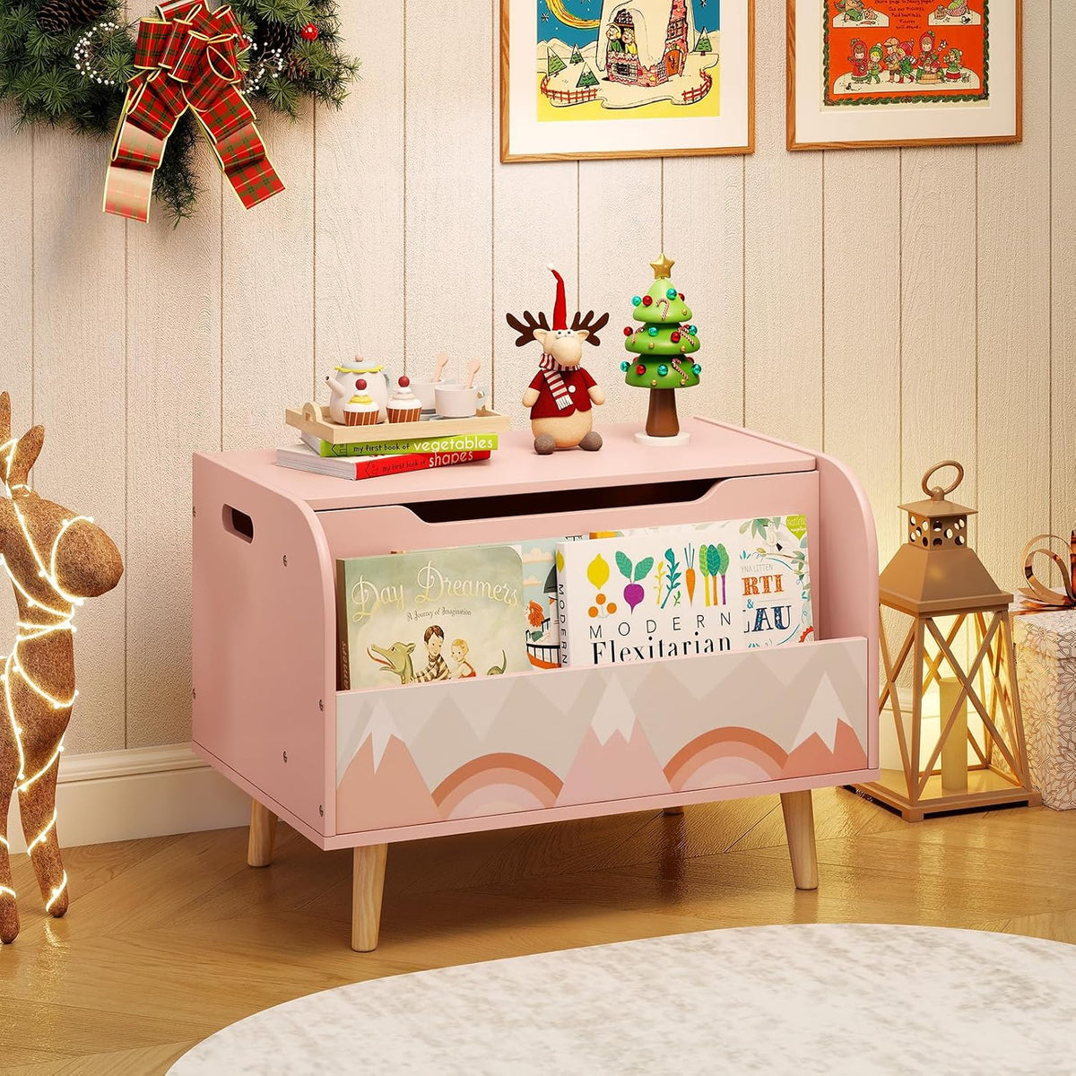 Kids Toy Box, Wooden Mobile Toy Storage Organizer with Bookshelf & Lockable Wheels for Girls Boys, Toy Storage Chest Bench for Toddler Room, Playroom, Bedroom, Living Room, Nursery