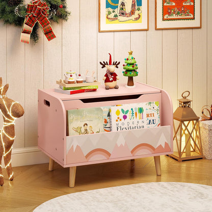 Kids Toy Box, Wooden Mobile Toy Storage Organizer with Bookshelf & Lockable Wheels for Girls Boys, Toy Storage Chest Bench for Toddler Room, Playroom, Bedroom, Living Room, Nursery