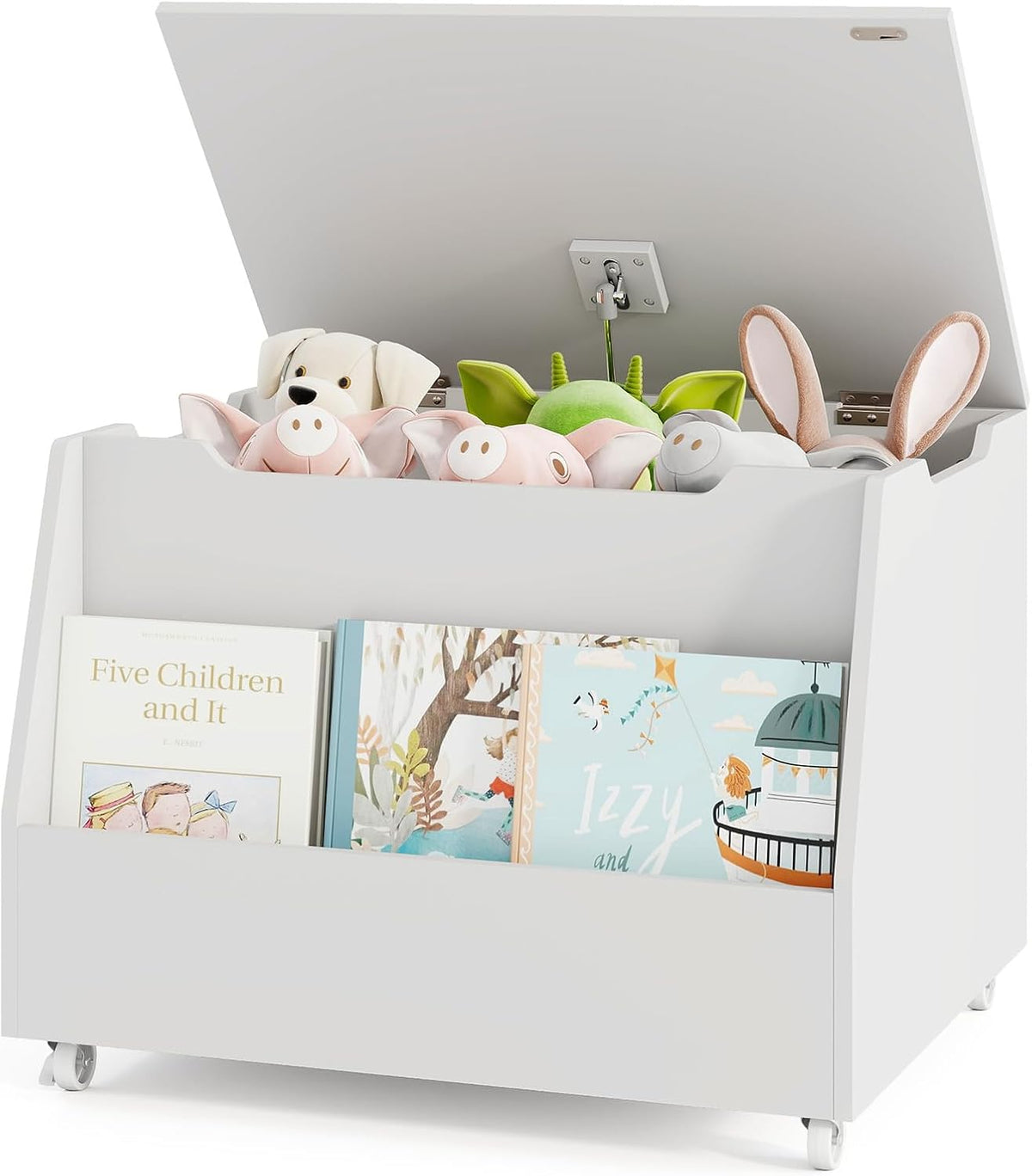 Kids Toy Box, Wooden Mobile Toy Storage Organizer with Bookshelf & Lockable Wheels for Girls Boys, Toy Storage Chest Bench for Toddler Room, Playroom, Bedroom, Living Room, Nursery