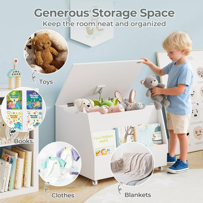 Kids Toy Box, Wooden Mobile Toy Storage Organizer with Bookshelf & Lockable Wheels for Girls Boys, Toy Storage Chest Bench for Toddler Room, Playroom, Bedroom, Living Room, Nursery
