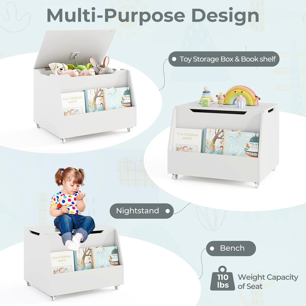 Kids Toy Box, Wooden Mobile Toy Storage Organizer with Bookshelf & Lockable Wheels for Girls Boys, Toy Storage Chest Bench for Toddler Room, Playroom, Bedroom, Living Room, Nursery