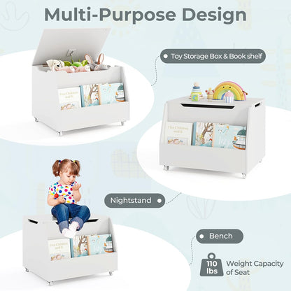 Kids Toy Box, Wooden Mobile Toy Storage Organizer with Bookshelf & Lockable Wheels for Girls Boys, Toy Storage Chest Bench for Toddler Room, Playroom, Bedroom, Living Room, Nursery