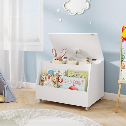 Kids Toy Box, Wooden Mobile Toy Storage Organizer with Bookshelf & Lockable Wheels for Girls Boys, Toy Storage Chest Bench for Toddler Room, Playroom, Bedroom, Living Room, Nursery