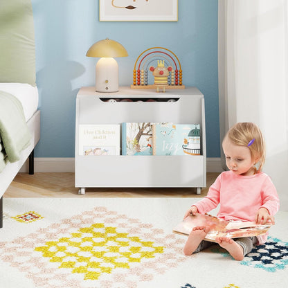 Kids Toy Box, Wooden Mobile Toy Storage Organizer with Bookshelf & Lockable Wheels for Girls Boys, Toy Storage Chest Bench for Toddler Room, Playroom, Bedroom, Living Room, Nursery