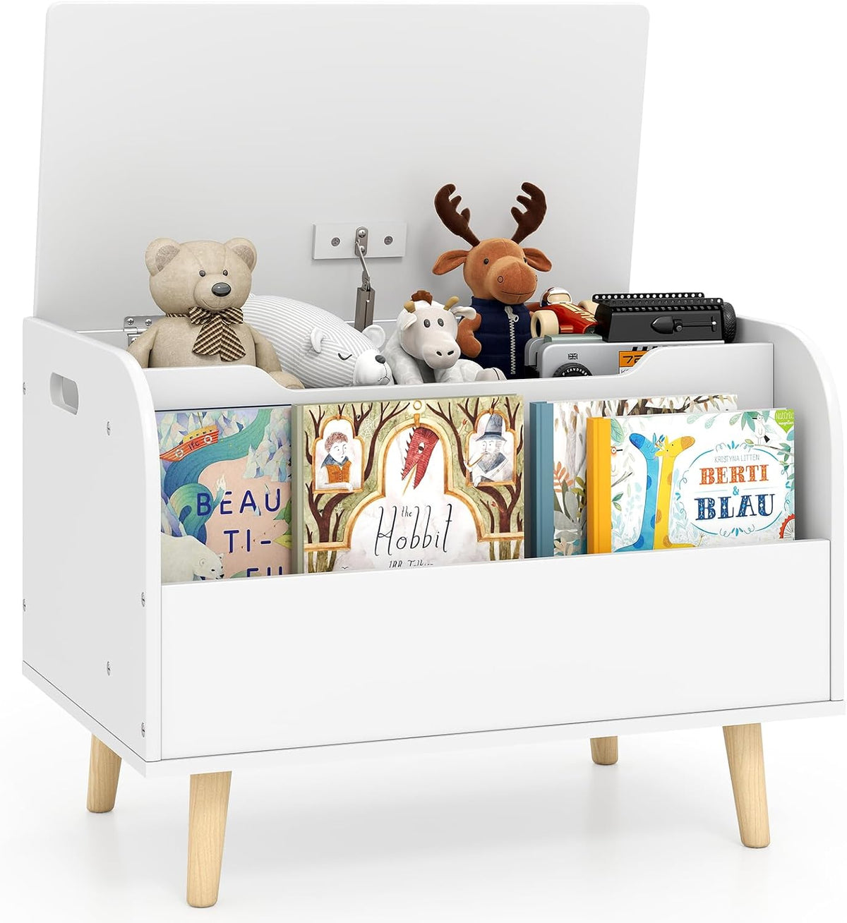 Kids Toy Box, Wooden Mobile Toy Storage Organizer with Bookshelf & Lockable Wheels for Girls Boys, Toy Storage Chest Bench for Toddler Room, Playroom, Bedroom, Living Room, Nursery